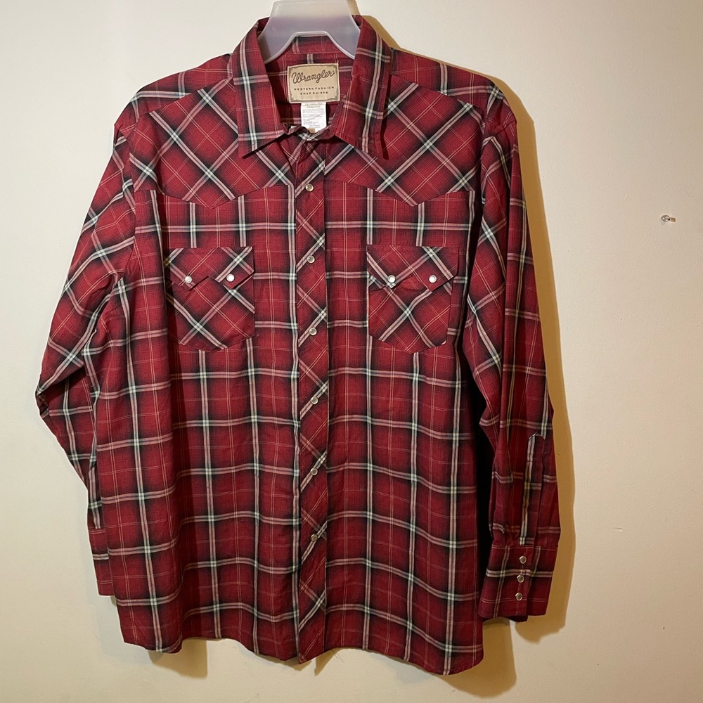 Wrangler Mens 2XL Shirt Red(burgundy)Blue‎ Western Plaid Pearl Snap Pockets